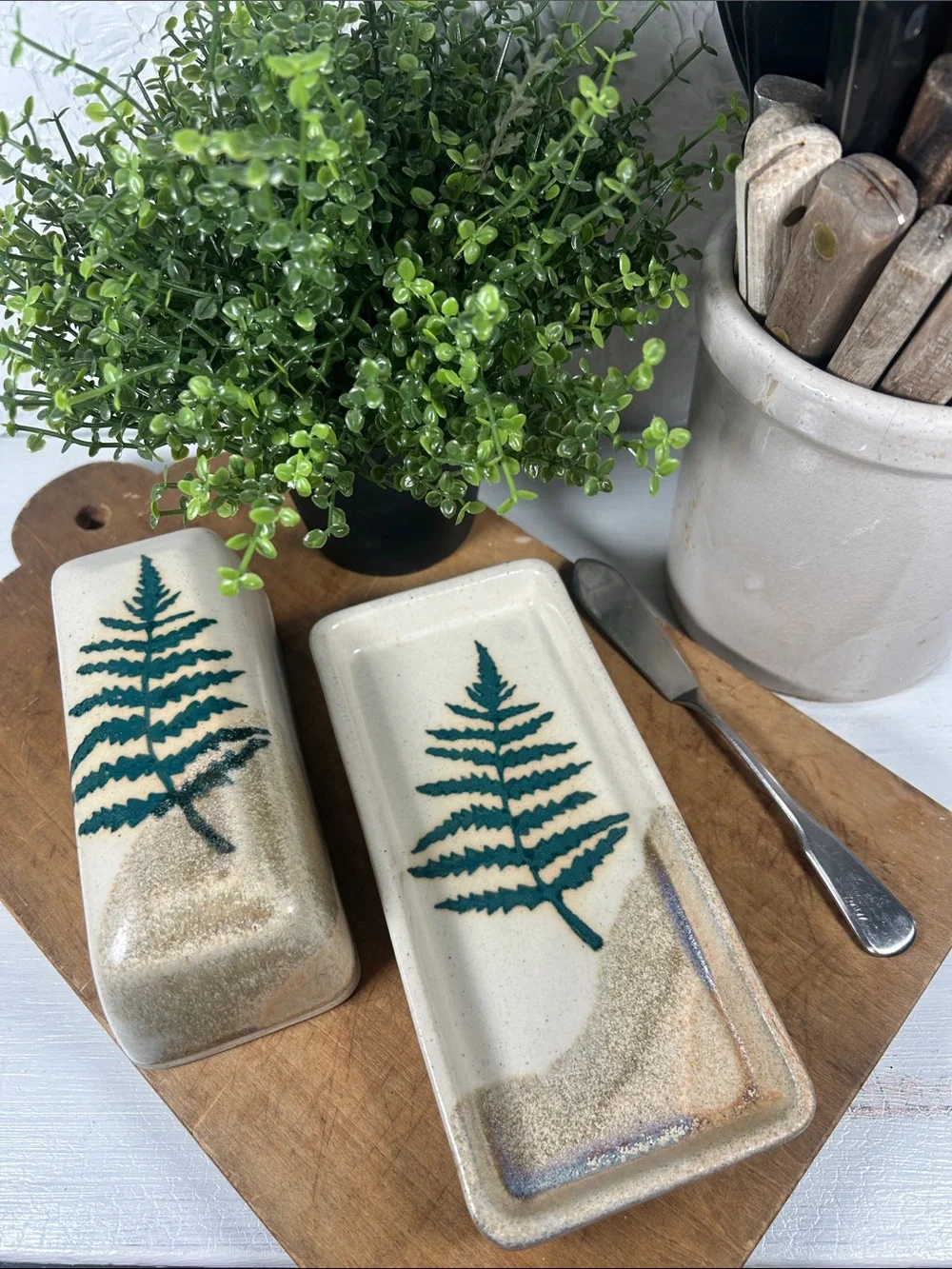 Stoneware Butter Dish Studio Pottery Handmade w/ Green Fern Motif Artist Signed